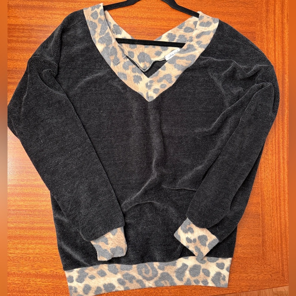 White Birch Charcoal Sweater with Leopard Trim